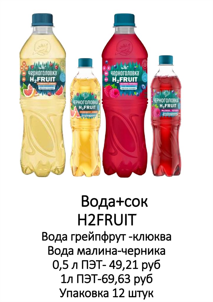Вода+сок H2FRUIT Вода грейпфрут -клюква Вода малина-черника 0,5 л ПЭТ- 49,21 руб 1л ПЭТ-69,63 руб Упаковка 12 штук