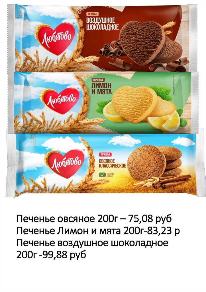 Печенье овсяное 200г – 75,08 руб Печенье Лимон и мята 200г-83,23 р Печенье воздушное шоколадное 200г -99,88 руб