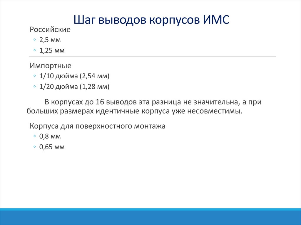 Шаг выводов корпусов ИМС