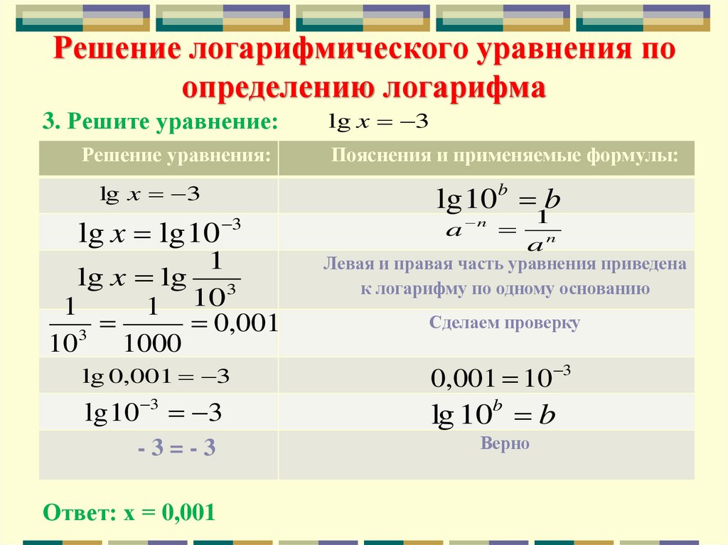 Решение логарифмического уравнения по определению логарифма