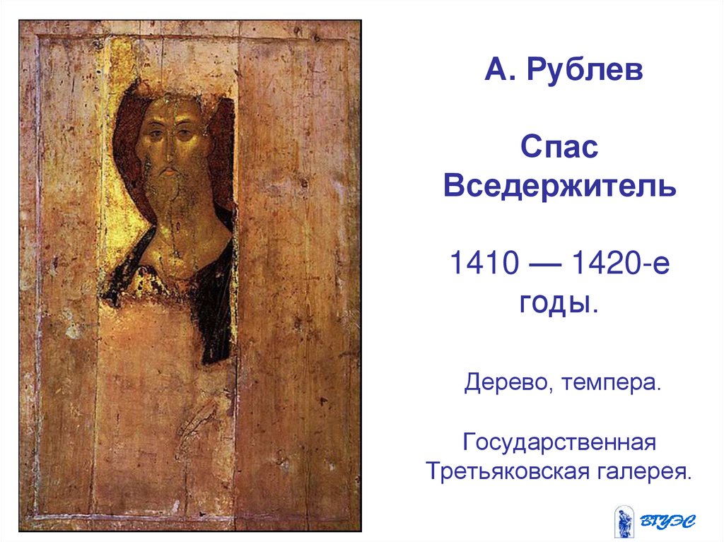 А. Рублев Спас Вседержитель 1410 — 1420-е годы. Дерево, темпера. Государственная Третьяковская галерея.