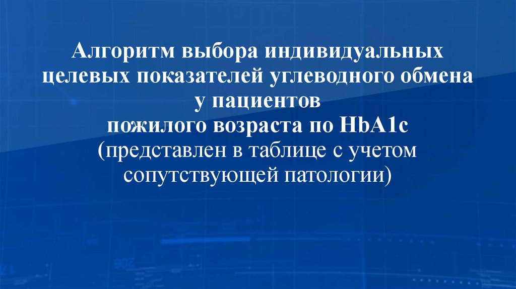 Алгоритм выбора индивидуальных целевых показателей углеводного обмена у пациентов пожилого возраста по HbA1c (представлен в