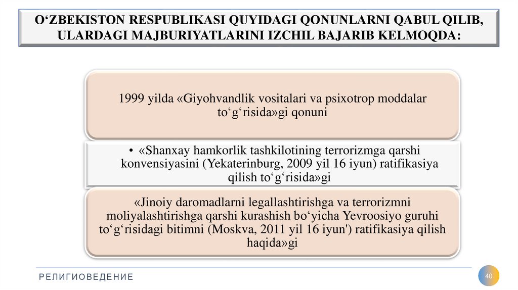 O‘ZBEKISTON RESPUBLIKASI QUYIDAGI QONUNLARNI QABUL QILIB, ULARDAGI MAJBURIYATLARINI IZCHIL BAJARIB KELMOQDA: