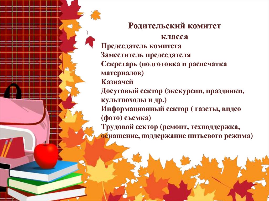 Председатель комитета Заместитель председателя Секретарь (подготовка и распечатка материалов) Казначей Досуговый сектор