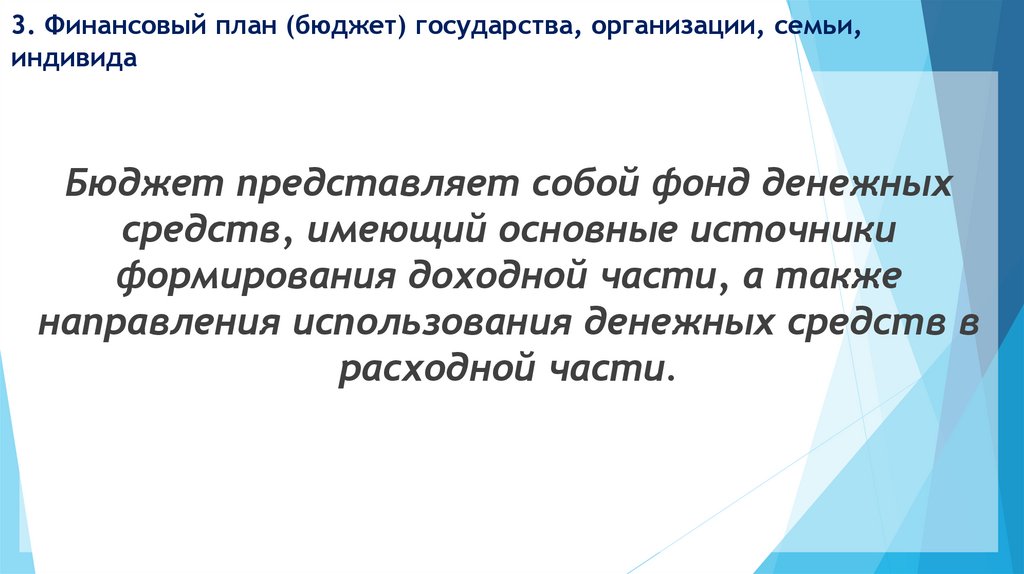 3. Финансовый план (бюджет) государства, организации, семьи, индивида