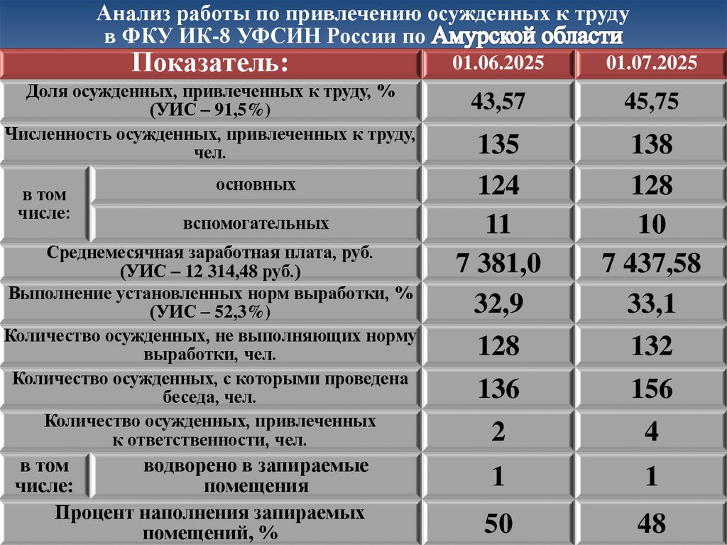 Анализ работы по привлечению осужденных к труду в ФКУ ИК-8 УФСИН России по Амурской области