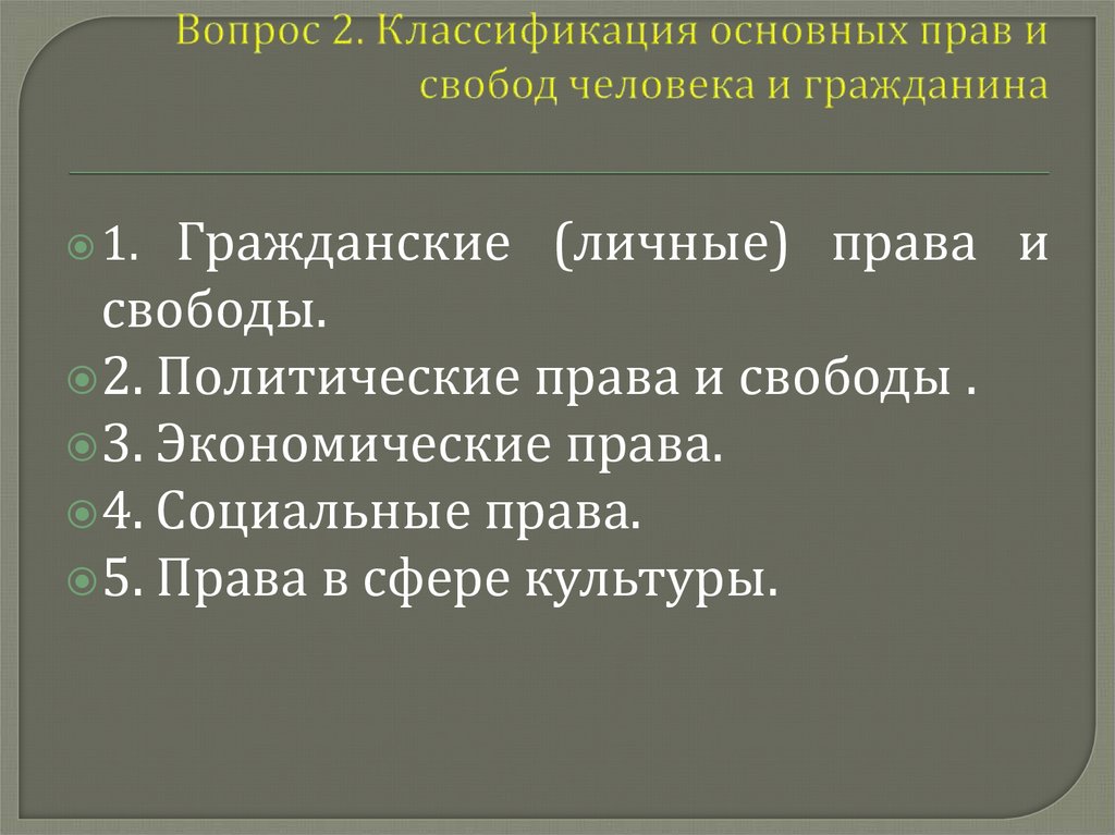 Вопрос 2. Классификация основных прав и свобод человека и гражданина