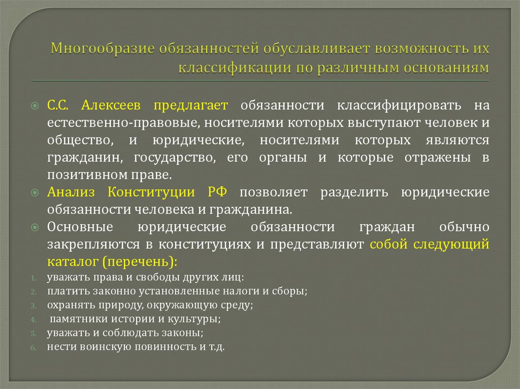 Многообразие обязанностей обуславливает возможность их классификации по различным основаниям