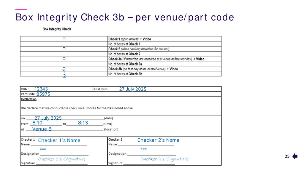Box Integrity Check 3b – per venue/part code