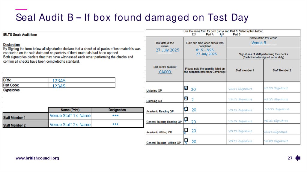 Seal Audit B – If box found damaged on Test Day