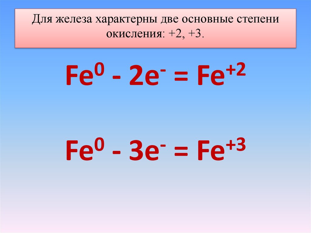 Для железа характерны две основные степени окисления: +2, +3.