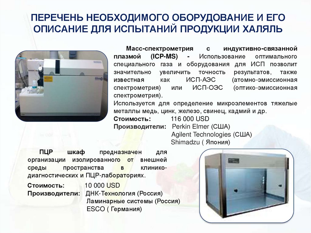 ПЕРЕЧЕНЬ НЕОБХОДИМОГО ОБОРУДОВАНИЕ И ЕГО ОПИСАНИЕ ДЛЯ ИСПЫТАНИЙ ПРОДУКЦИИ ХАЛЯЛЬ