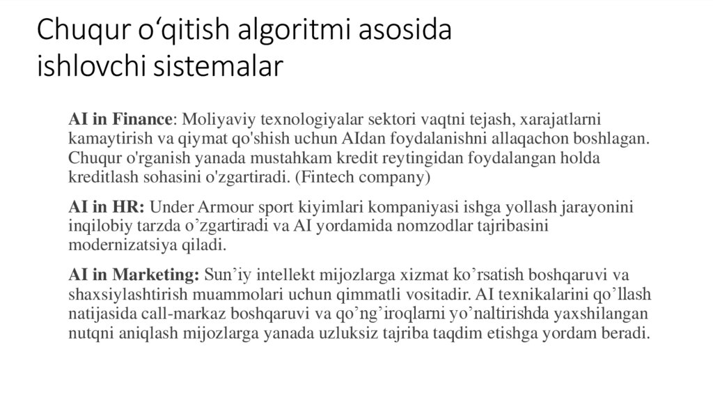 Chuqur o‘qitish algoritmi asosida ishlovchi sistemalar