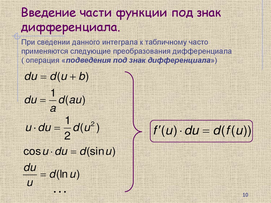 Введение части функции под знак дифференциала.