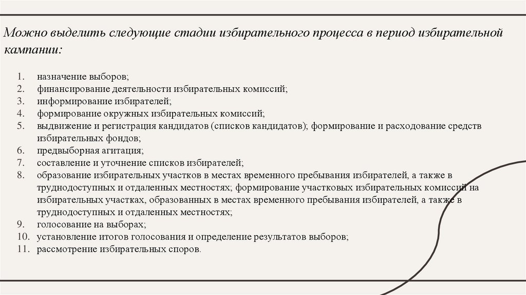 Можно выделить следующие стадии избирательного процесса в период избирательной кампании: