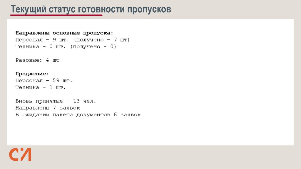 Текущий статус готовности пропусков
