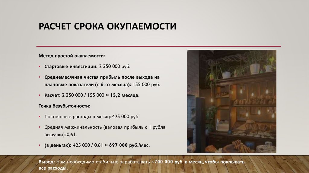 Расчет срока окупаемости