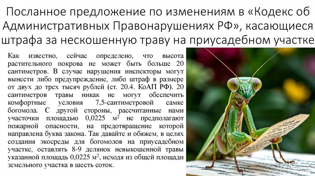 Посланное предложение по изменениям в «Кодекс об Административных Правонарушениях РФ», касающиеся штрафа за нескошенную траву