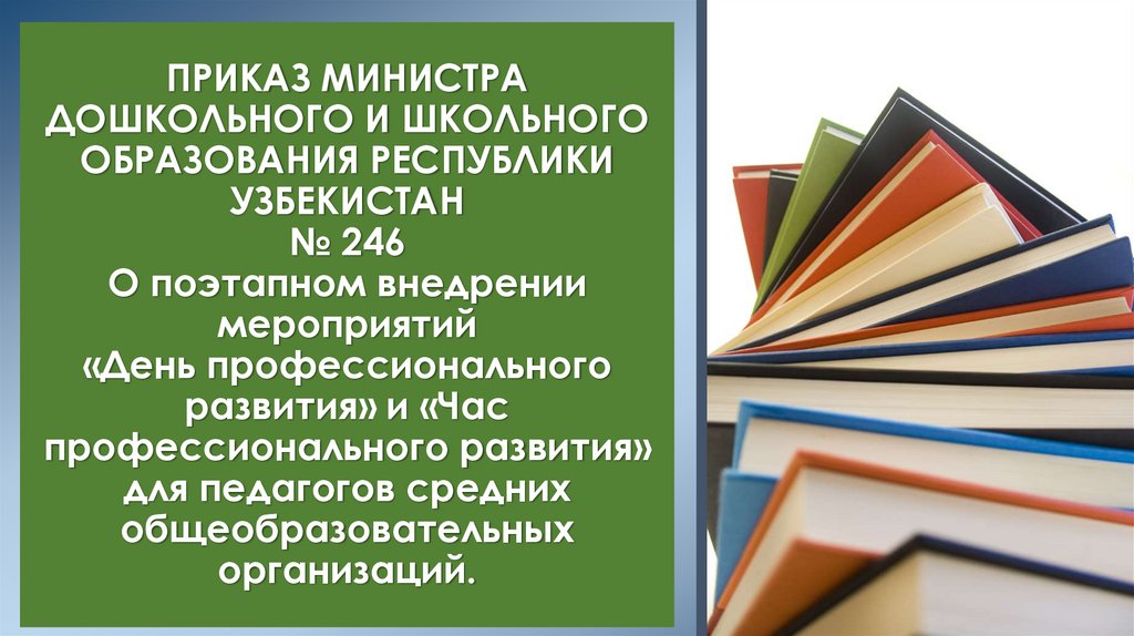 ПРИКАЗ МИНИСТРА ДОШКОЛЬНОГО И ШКОЛЬНОГО ОБРАЗОВАНИЯ РЕСПУБЛИКИ УЗБЕКИСТАН № 246 О поэтапном внедрении мероприятий «День