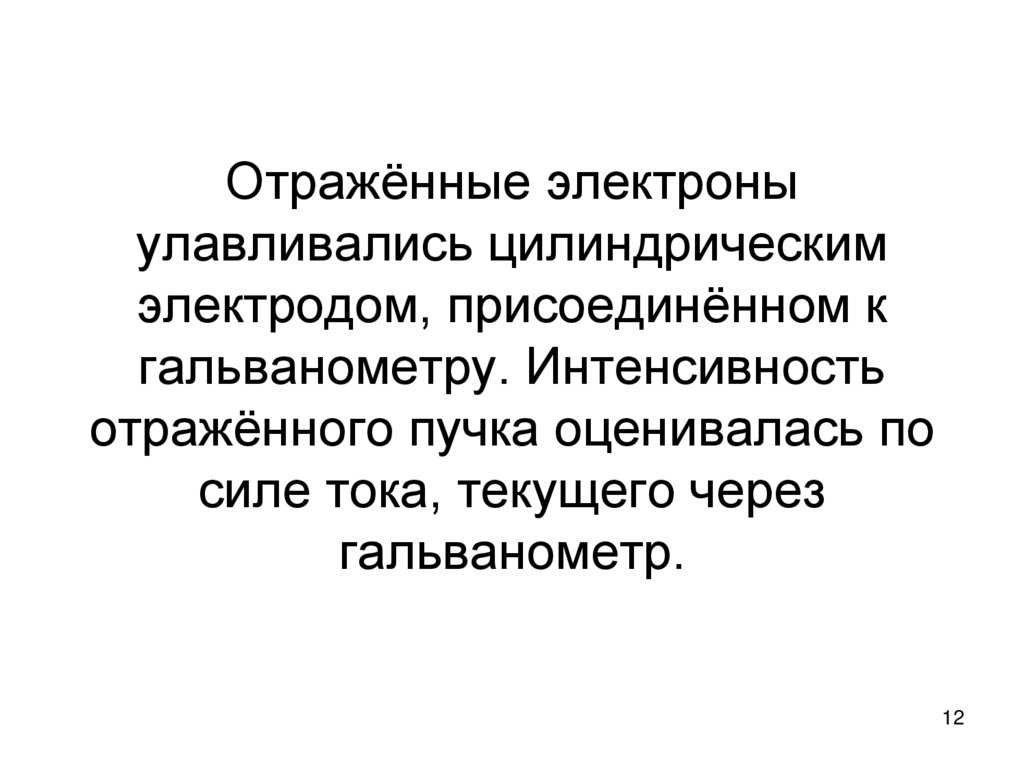 Отражённые электроны улавливались цилиндрическим электродом, присоединённом к гальванометру. Интенсивность отражённого пучка