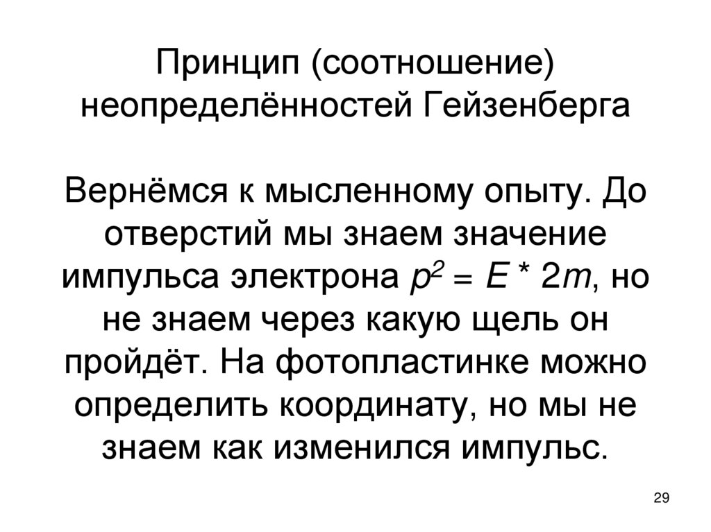 Принцип (соотношение) неопределённостей Гейзенберга Вернёмся к мысленному опыту. До отверстий мы знаем значение импульса