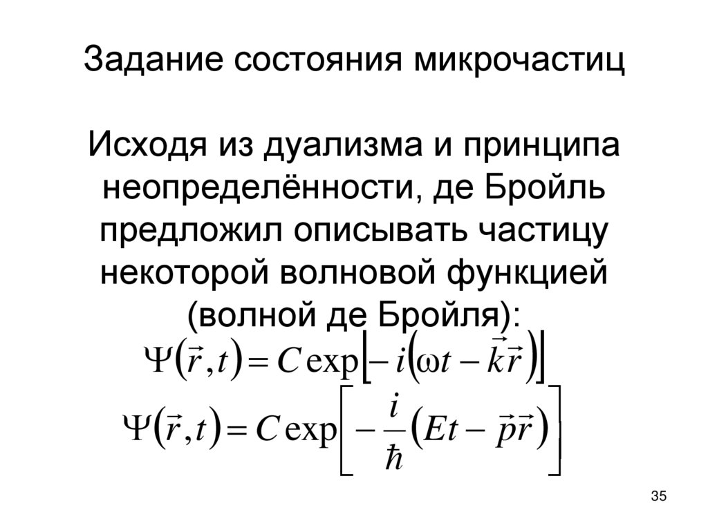Задание состояния микрочастиц Исходя из дуализма и принципа неопределённости, де Бройль предложил описывать частицу некоторой