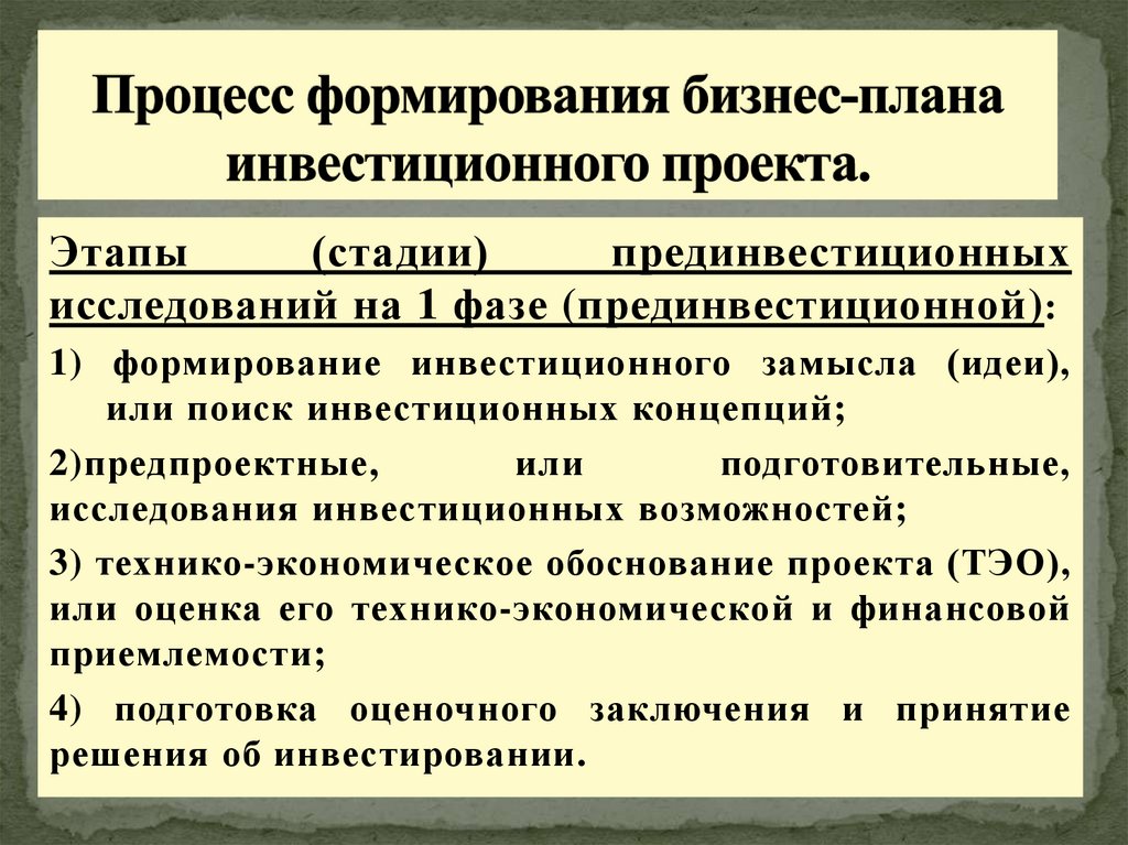 Процесс формирования бизнес-плана инвестиционного проекта.