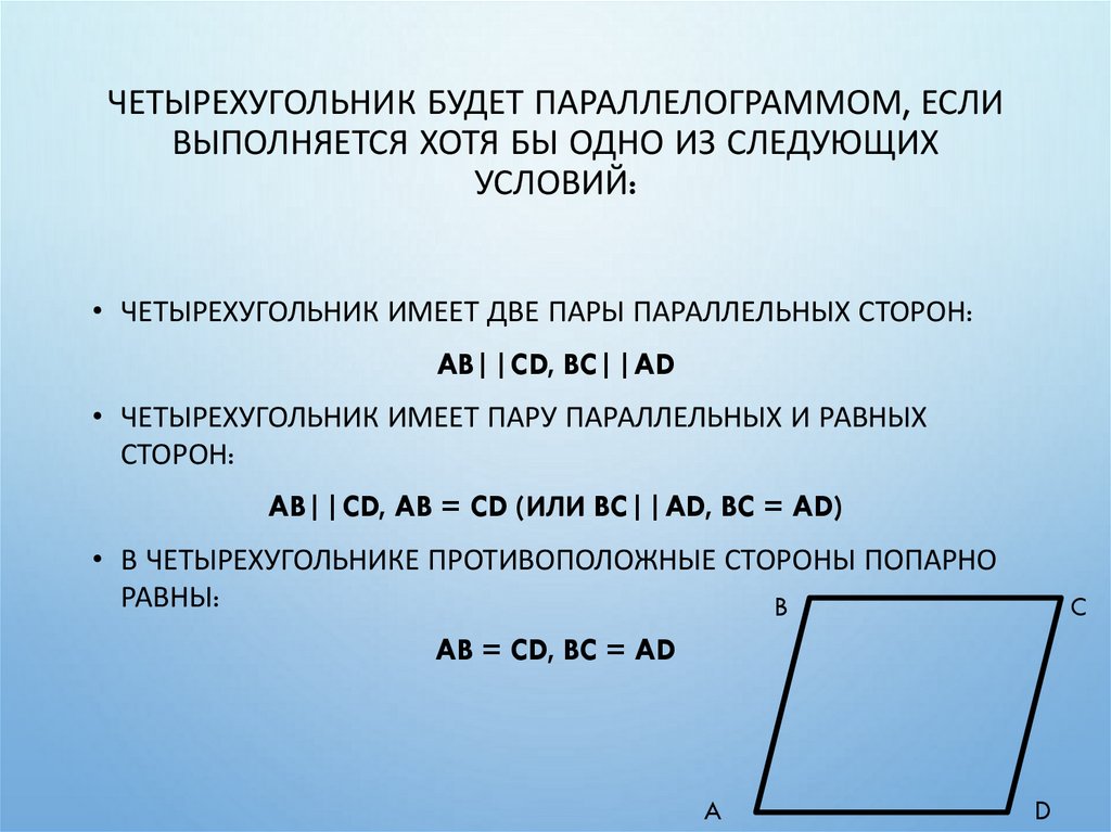 Четырехугольник будет параллелограммом, если выполняется хотя бы одно из следующих условий:
