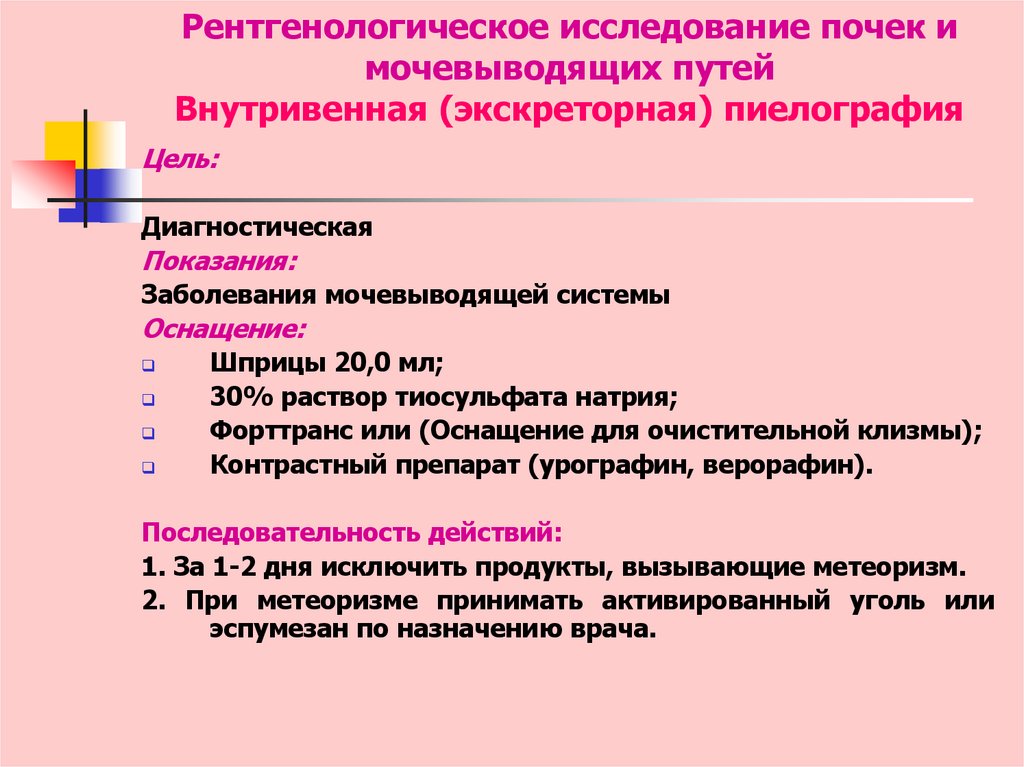 Рентгенологическое исследование почек и мочевыводящих путей Внутривенная (экскреторная) пиелография