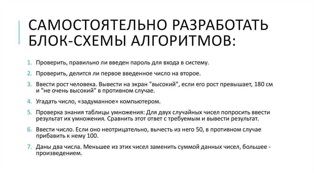 Самостоятельно разработать блок-схемы алгоритмов: