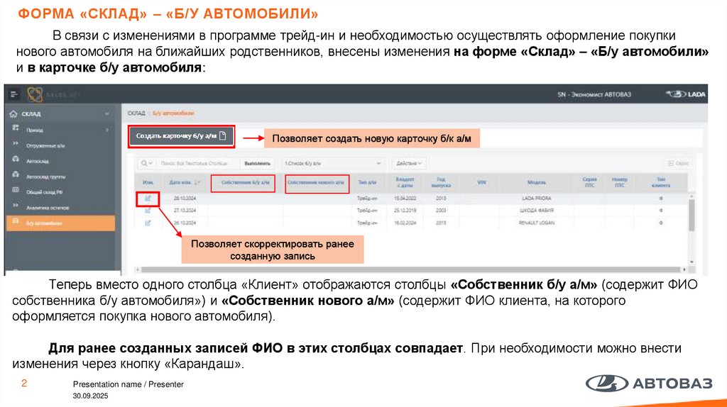 Форма «Склад» – «б/у автомобили»