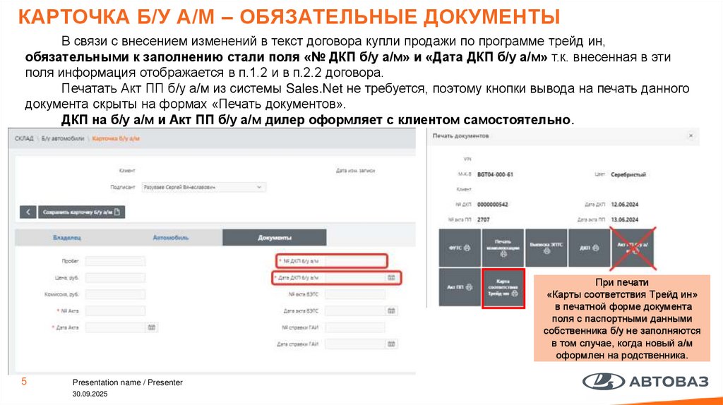 Карточка б/у а/м – обязательные документы