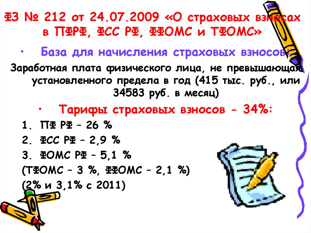 ФЗ № 212 от 24.07.2009 «О страховых взносах в ПФРФ, ФСС РФ, ФФОМС и ТФОМС»