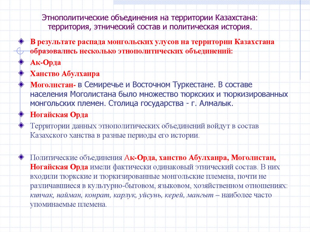 Этнополитические объединения на территории Казахстана: территория, этнический состав и политическая история.