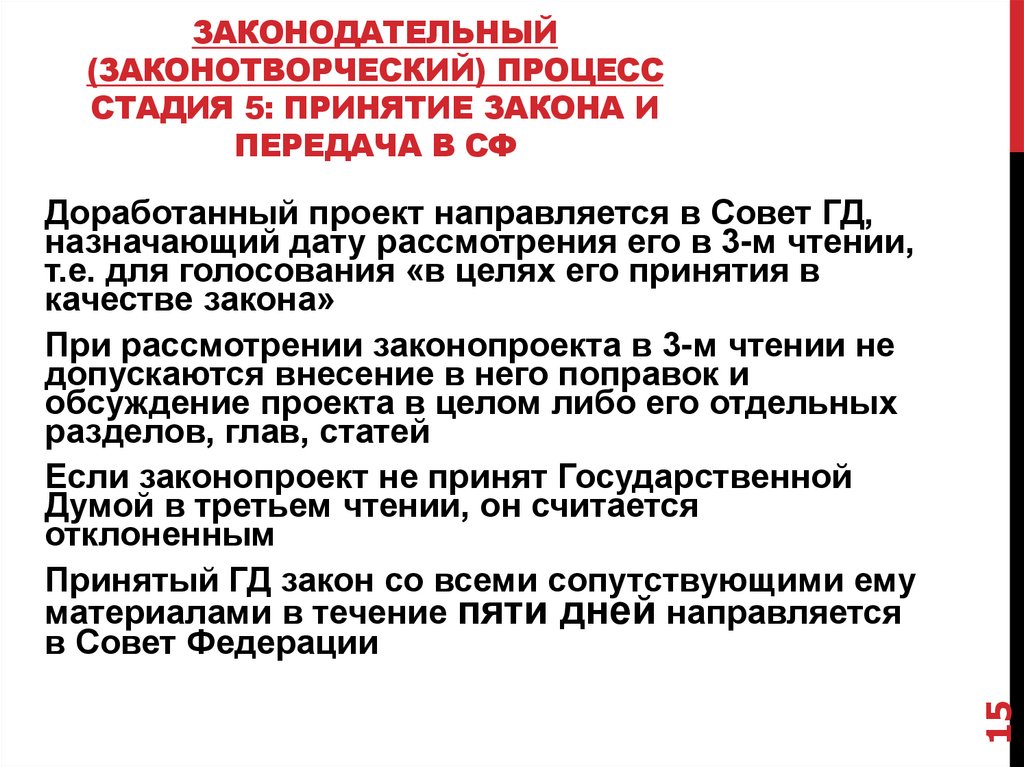 Законодательный (законотворческий) процесс Стадия 5: Принятие закона и передача в СФ