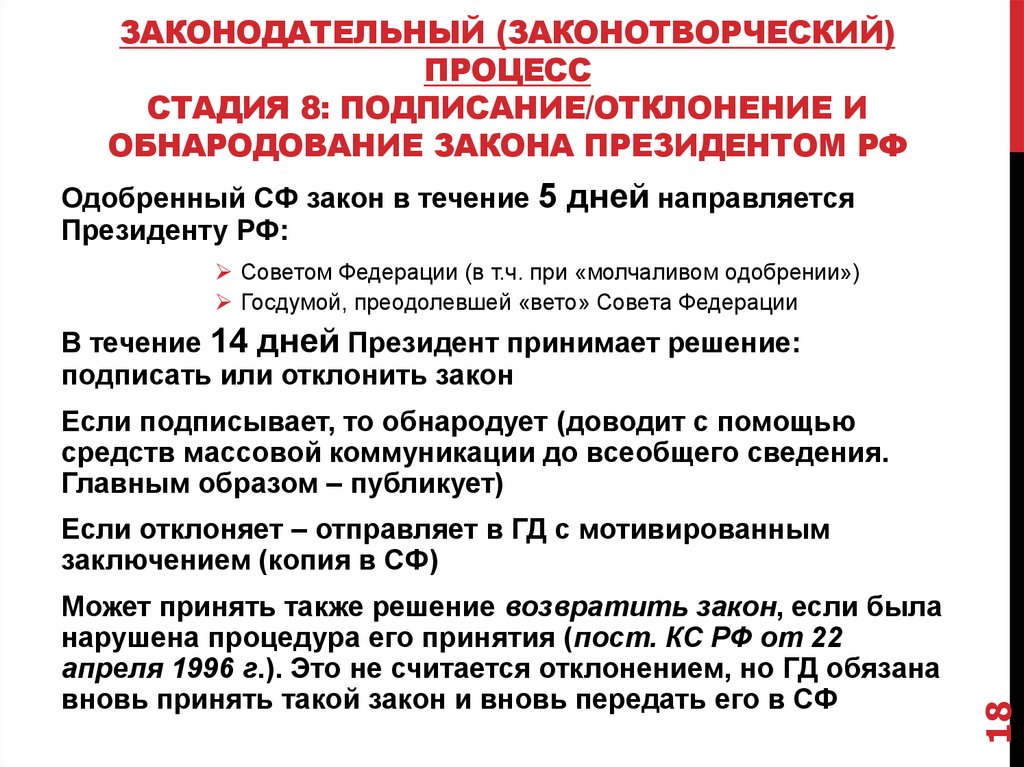 Законодательный (законотворческий) процесс Стадия 8: Подписание/отклонение и обнародование закона Президентом РФ