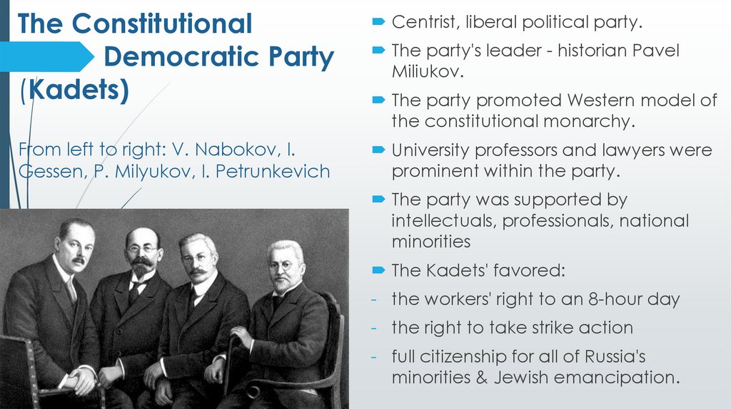 The Constitutional Democratic Party (Kadets) From left to right: V. Nabokov, I. Gessen, P. Milyukov, I. Petrunkevich