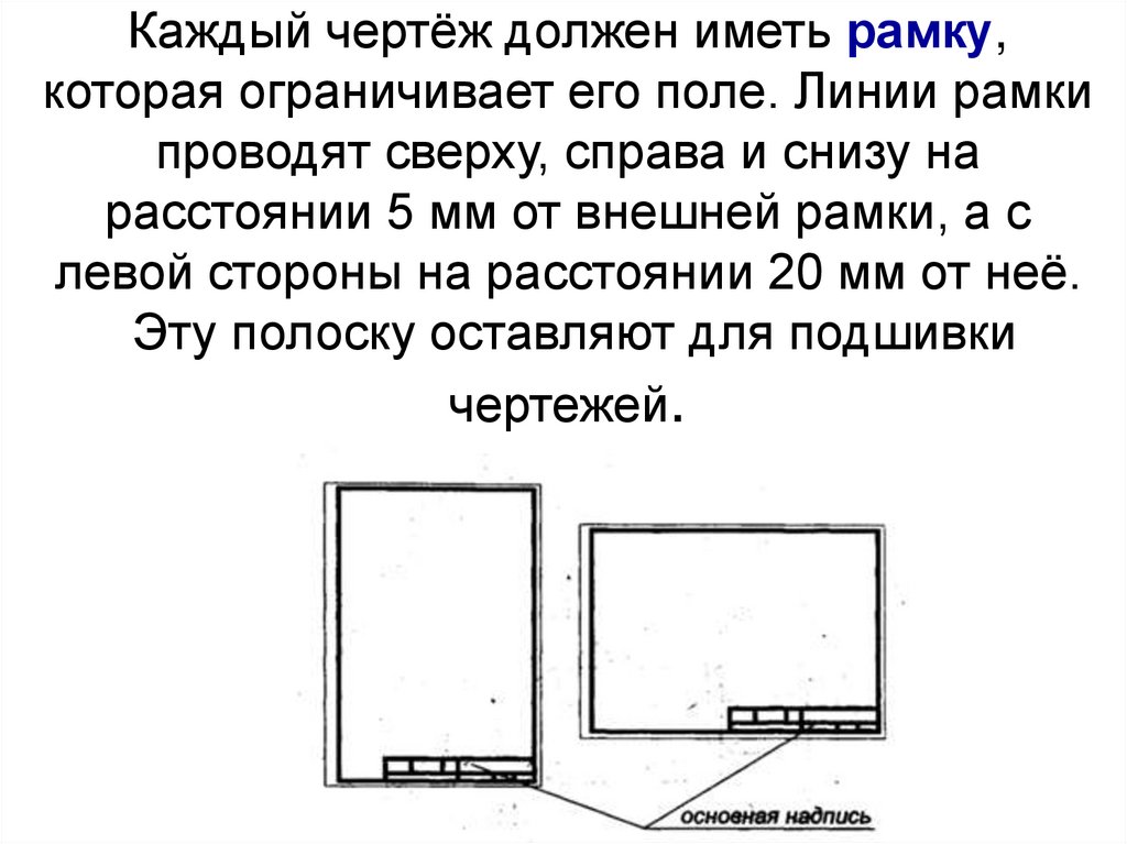 Каждый чертёж должен иметь рамку, которая ограничивает его поле. Линии рамки проводят сверху, справа и снизу на расстоянии 5 мм
