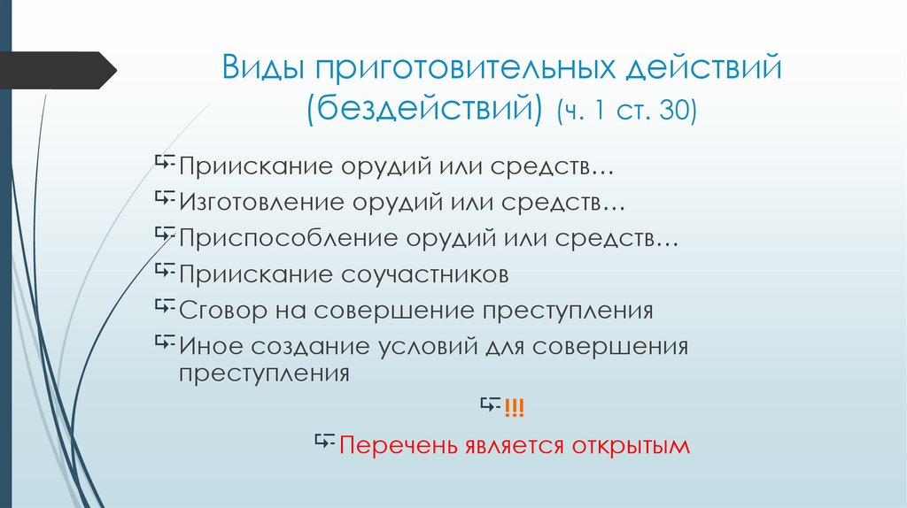 Виды приготовительных действий (бездействий) (ч. 1 ст. 30)