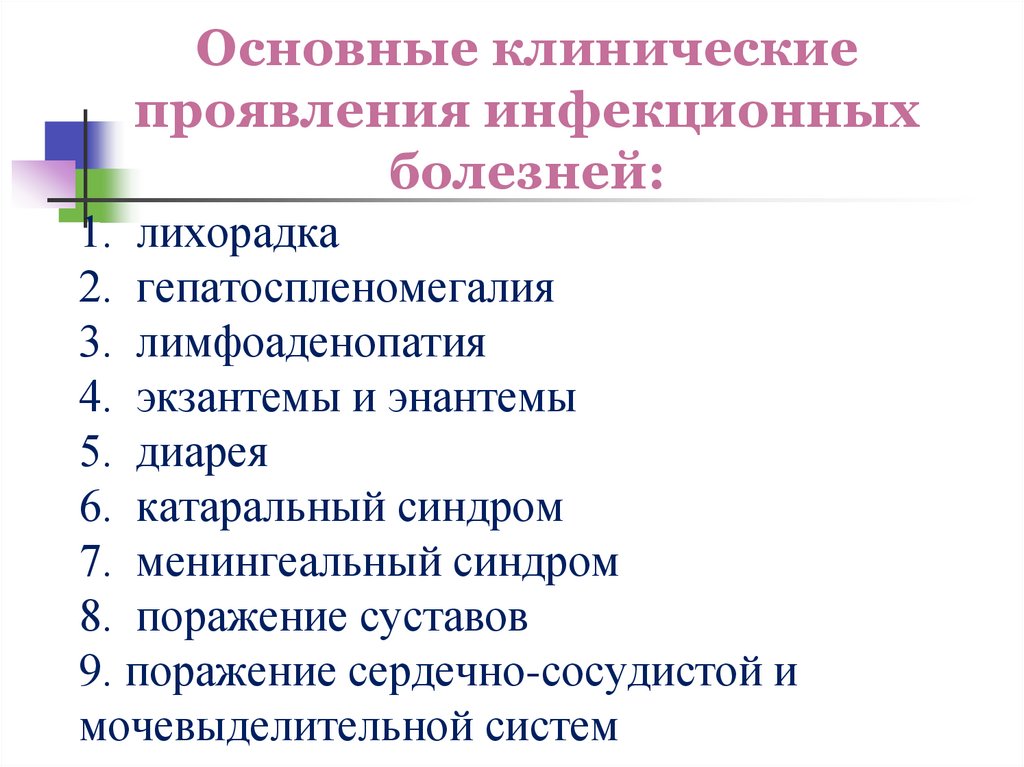 Основные клинические проявления инфекционных болезней: