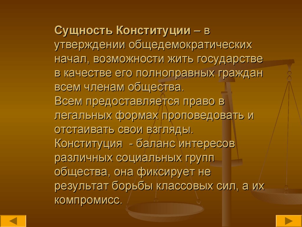 Сущность Конституции – в утверждении общедемократических начал, возможности жить государстве в качестве его полноправных