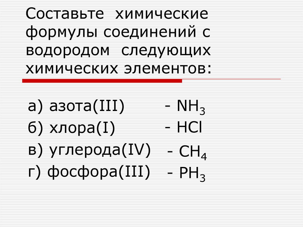 Составьте химические формулы соединений с водородом следующих химических элементов: