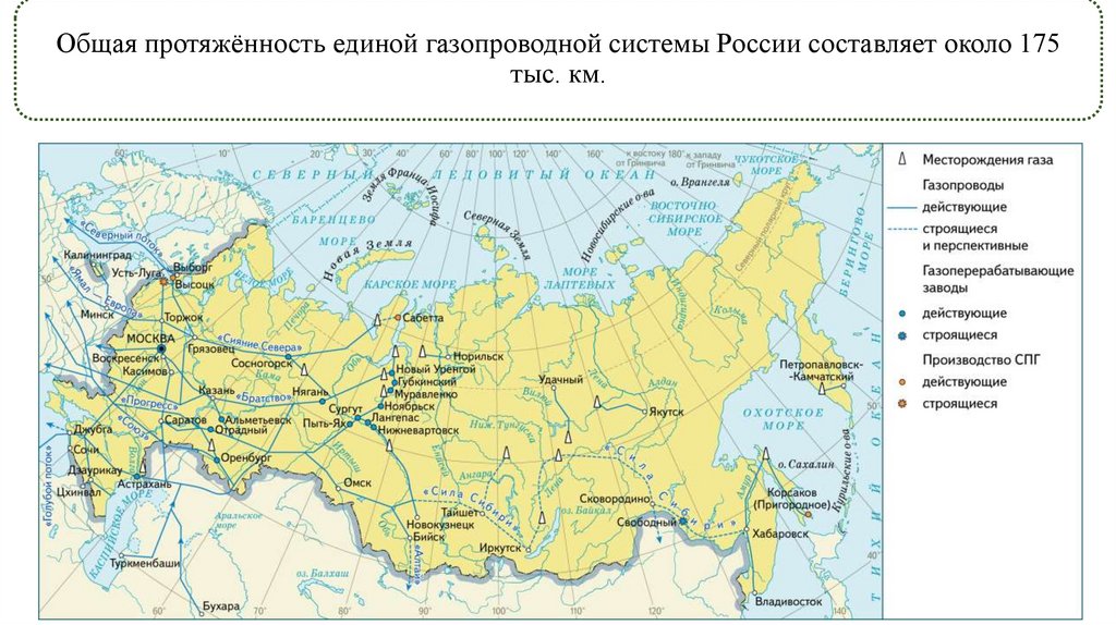 Общая протяжённость единой газопроводной системы России составляет около 175 тыс. км.