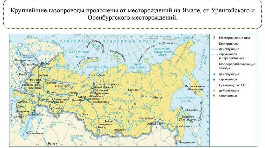 Крупнейшие газопроводы проложены от месторождений на Ямале, от Уренгойского и Оренбургского месторождений.