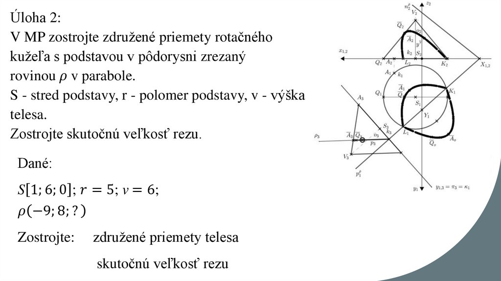 Úloha 2: V MP zostrojte združené priemety rotačného kužeľa s podstavou v pôdorysni zrezaný rovinou ρ v parabole. S - stred