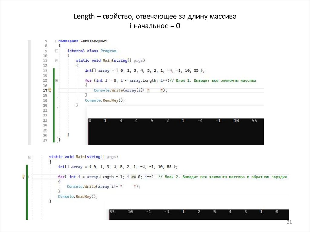 Length – свойство, отвечающее за длину массива i начальное = 0