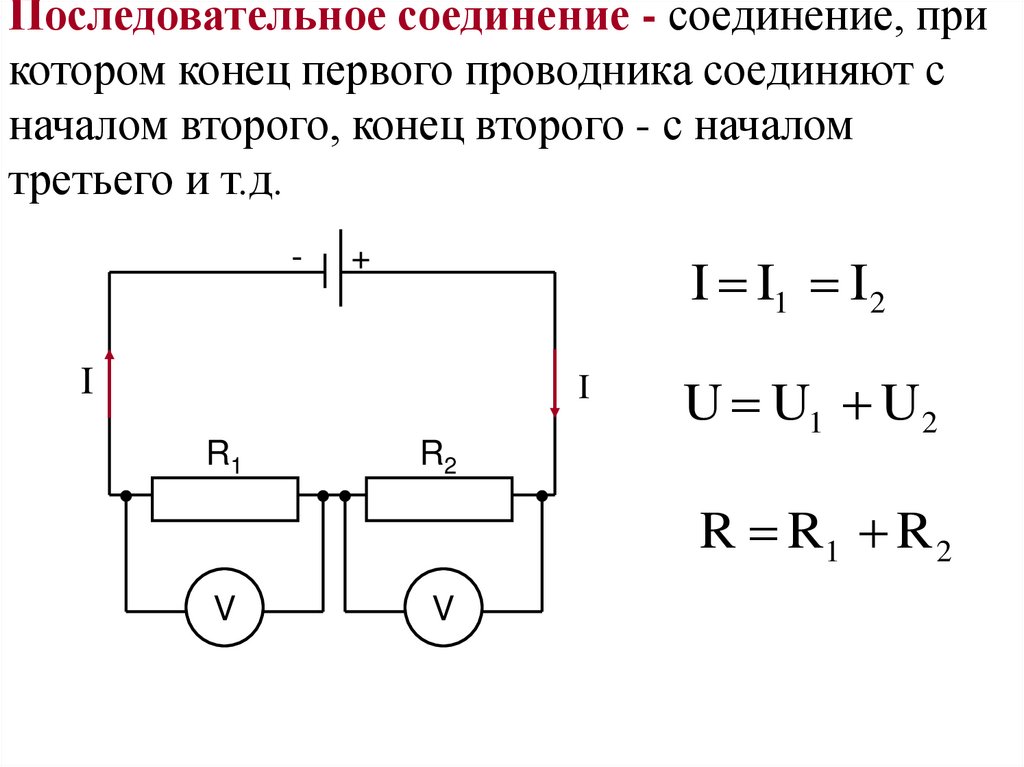 Последовательное соединение - соединение, при котором конец первого проводника соединяют с началом второго, конец второго - с