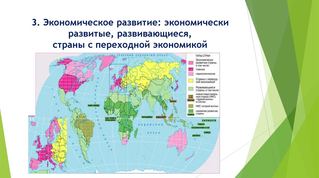 3. Экономическое развитие: экономически развитые, развивающиеся, страны с переходной экономикой