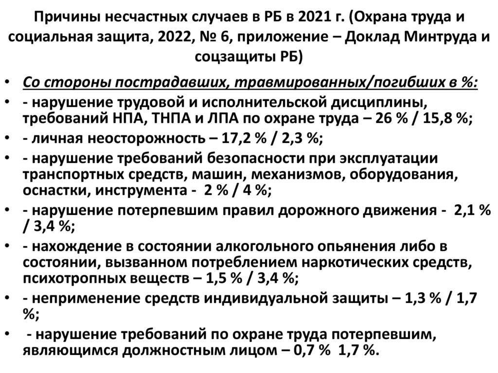 Причины несчастных случаев в РБ в 2021 г. (Охрана труда и социальная защита, 2022, № 6, приложение – Доклад Минтруда и