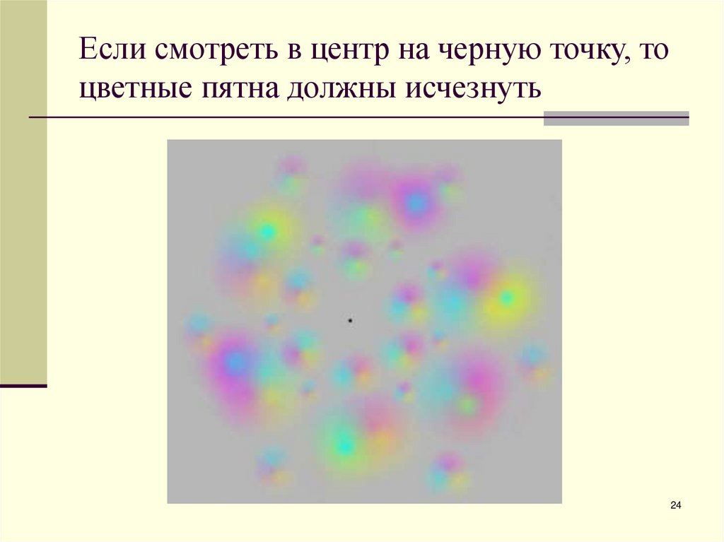 Если смотреть в центр на черную точку, то цветные пятна должны исчезнуть